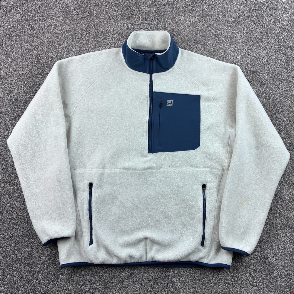 Huk Fleece Pullover Mens Large Cream Blue Polyester 1/4 Zip Fishing Jacket